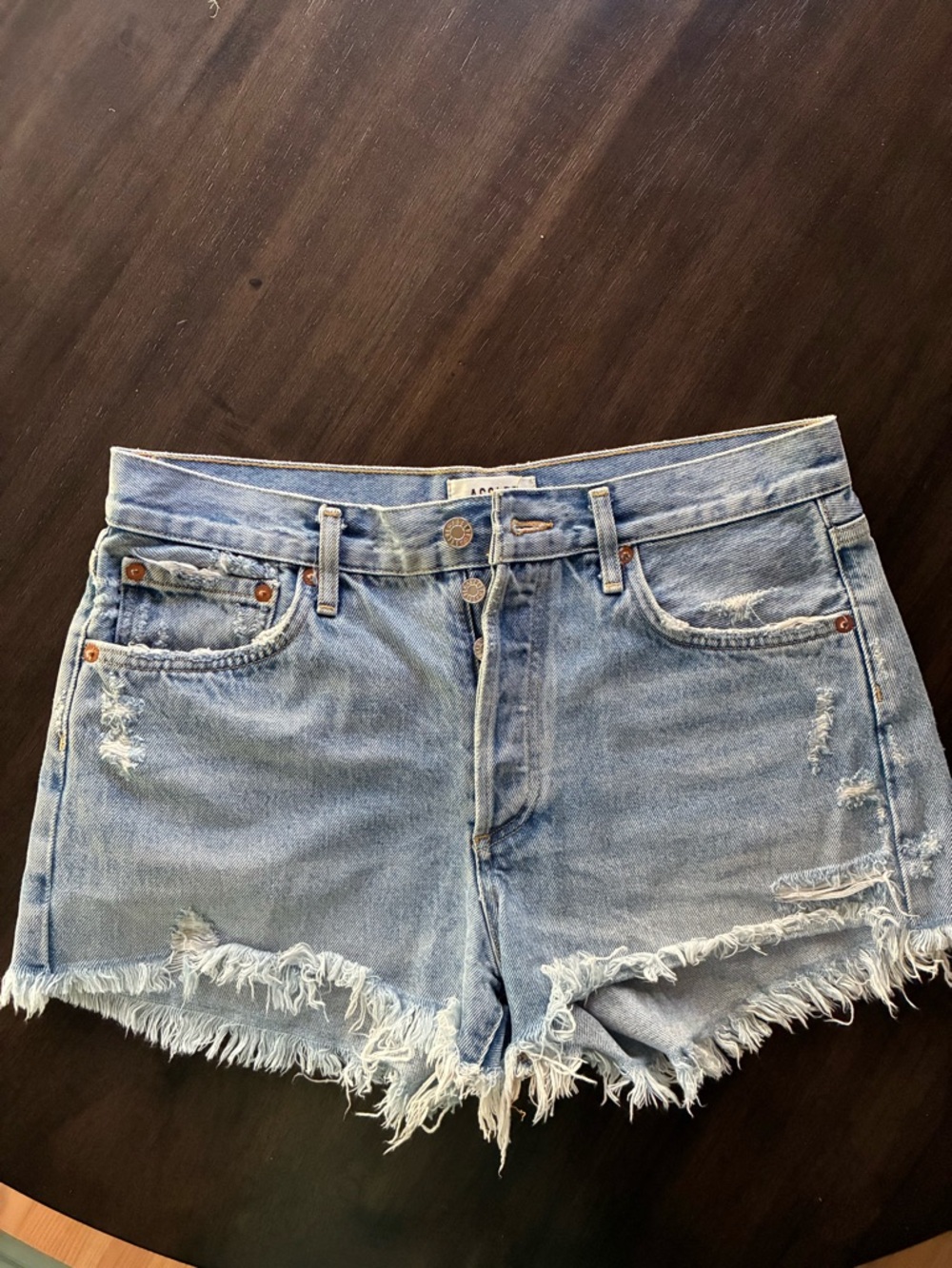 AGolde Light Blue Distressed Denim Shorts